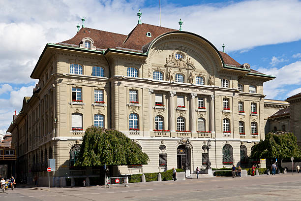Bern, Switzerland - August 9, 2011: Swiss National Bank (SNB) Headquarters in Bern, Switzerland. The SNBank conducts the countrys monetary policy as an independent central bank. Its primary goal is to ensure price stability, while taking due account of economic developments. In so doing, it creates an appropriate environment for economic growth.
