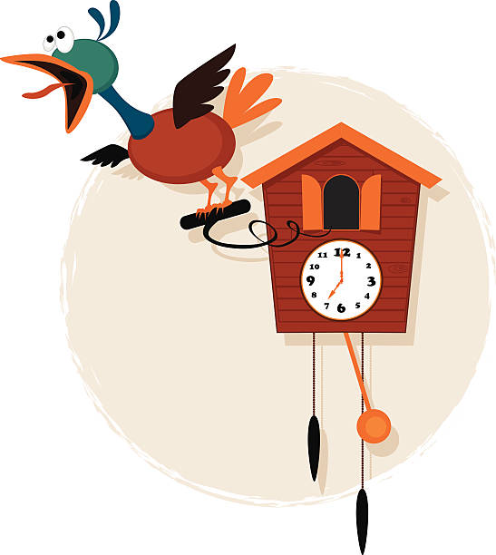 Funny mechanical bird emerging from a striking  antique cuckoo clock, vector cartoon, no transparencies, EPS 8